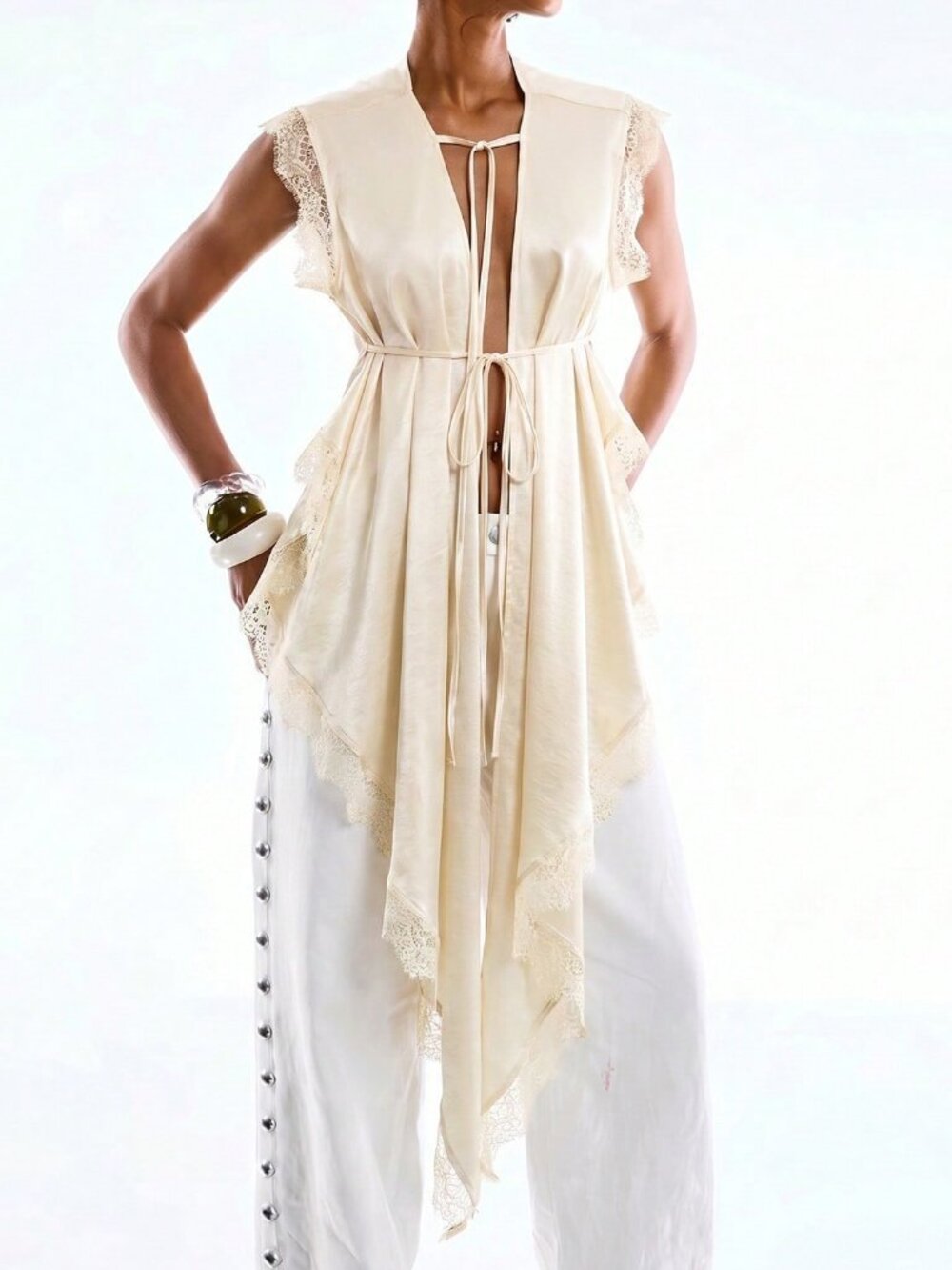 Beige Casual Women's Minimalist Lace Tie Detail Asymmetrical Hem Sleeveless Top - Picture 5 of 6